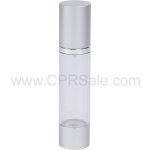 Airless Bottle, Matte Silver Cap, Shiny Silver Collar, Clear Body, 50 mL
