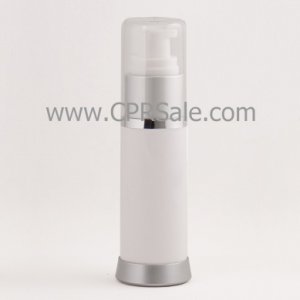 Airless Bottle, Clear Cap, Matte Silver Collar, White Body, 30 mL