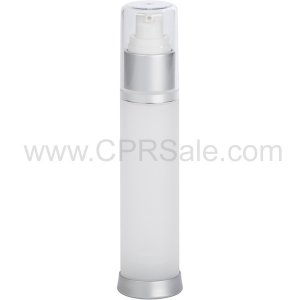 Airless Bottle, Clear Cap, Matte Silver Collar, Frosted Body, 50 mL