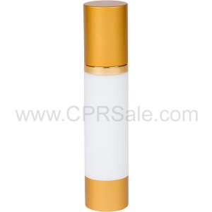 Airless Bottle, Matte Gold Cap, Shiny Gold Collar, White Body, 50 mL