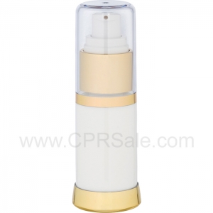 Airless Bottle, Clear Cap, Shiny Gold Collar, White Body, 15 mL