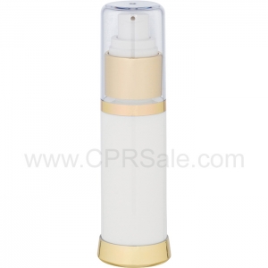 Airless Bottle, Clear Cap, Shiny Gold Collar, White Body, 30 mL