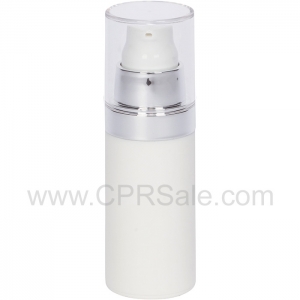 Airless Bottle, Clear Cap, Shiny Silver Collar, Matte White Body, 30 mL