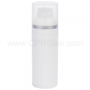 Airless Bottle, Frosted Cap with Matte Silver Band, White Collar, White Body, 30 mL