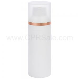 Airless Bottle, Frosted Cap with Shiny Rose Gold Band, White Collar, White Body, 30 mL