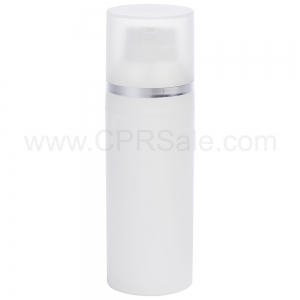 Airless Bottle, Frosted Cap with Shiny Silver Band, White Collar, White Body, 30 mL
