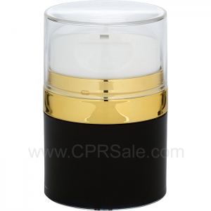 Airless Jar, Clear Cap with Tall White Pump, Shiny Gold Collar, Black Body with PP Inner Cup, 50 mL