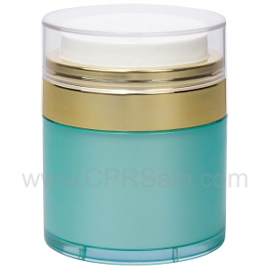 Airless Jar, Clear Cap, Shiny Gold Collar, Teal Blue Body with PP Inner Cup, 30 mL - Texas