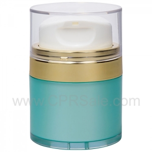 Airless Jar, Clear Cap with Tall White Pump, Shiny Gold Collar, Teal Blue Body with PP Inner Cup, 50 mL - Texas