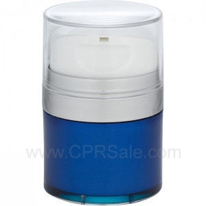 Airless Jar, Clear Cap with Tall White Pump, Matte Silver Collar, Blue Body with PP Inner Cup, 50 mL
