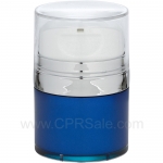 Airless Jar, Clear Cap, with Tall White Pump, Shiny Silver Collar, Blue Body with PP Inner Cup, 30 mL