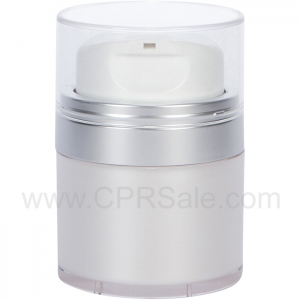 Airless Jar, Clear Cap, with Tall White Pump, Matte Silver Collar, Pearl Body, 30 mL - Texas