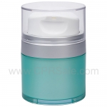 Airless Jar, Clear Cap with Tall White Pump, Matte Silver Collar, Teal Blue Body, 50 mL