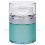 Airless Jar, Clear Cap with Tall White Pump, Shiny Silver Collar, Teal Blue Body, 50 mL
