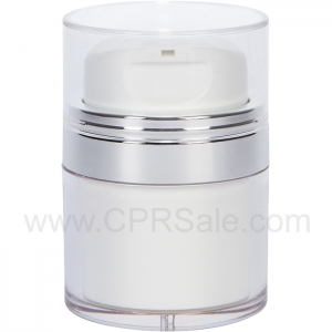 Airless Jar, Clear Cap, with Tall White Pump, Shiny Silver Collar, PP Inner Cup, 50 mL