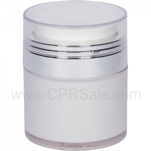 Airless Jar, Clear Cap, Shiny Silver Collar, Opaque White Body, 50 mL