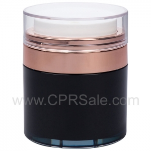 Airless Jar, Clear Cap, Shiny Rose Gold Collar, Black Body with PP Inner Cup, 50 mL